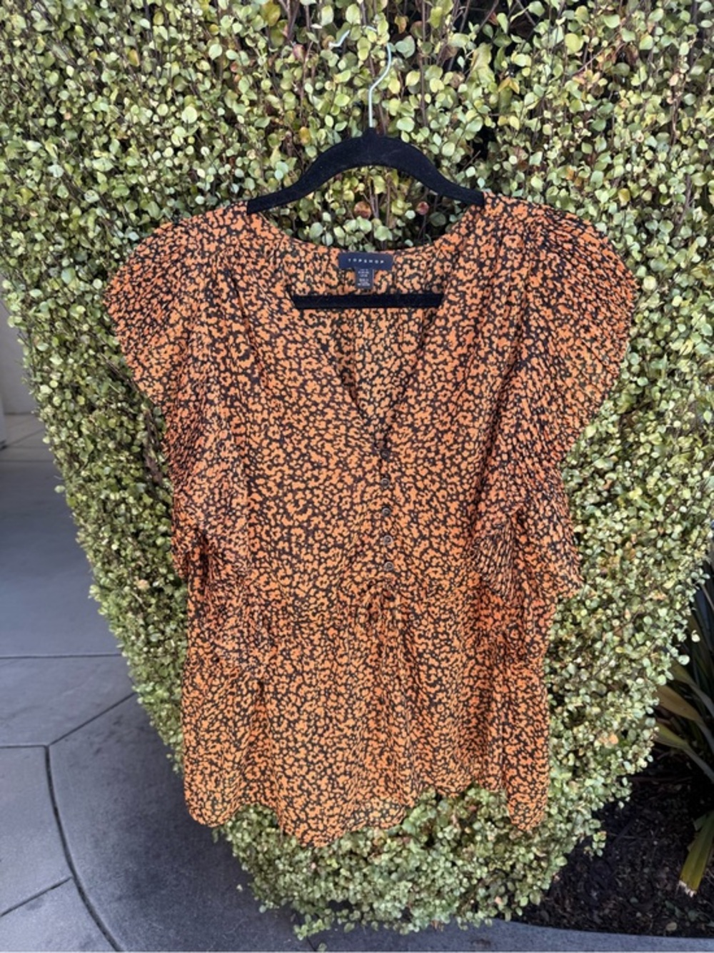 Topshop Orange and Black Floral Ruffle Sleeve Blouse
